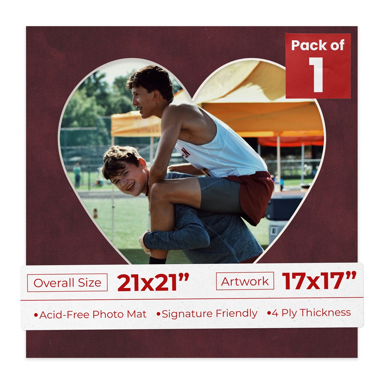 Dark Red Suede Mat Board for 21x21 Frames - Heart Opening for 17x17 Photos